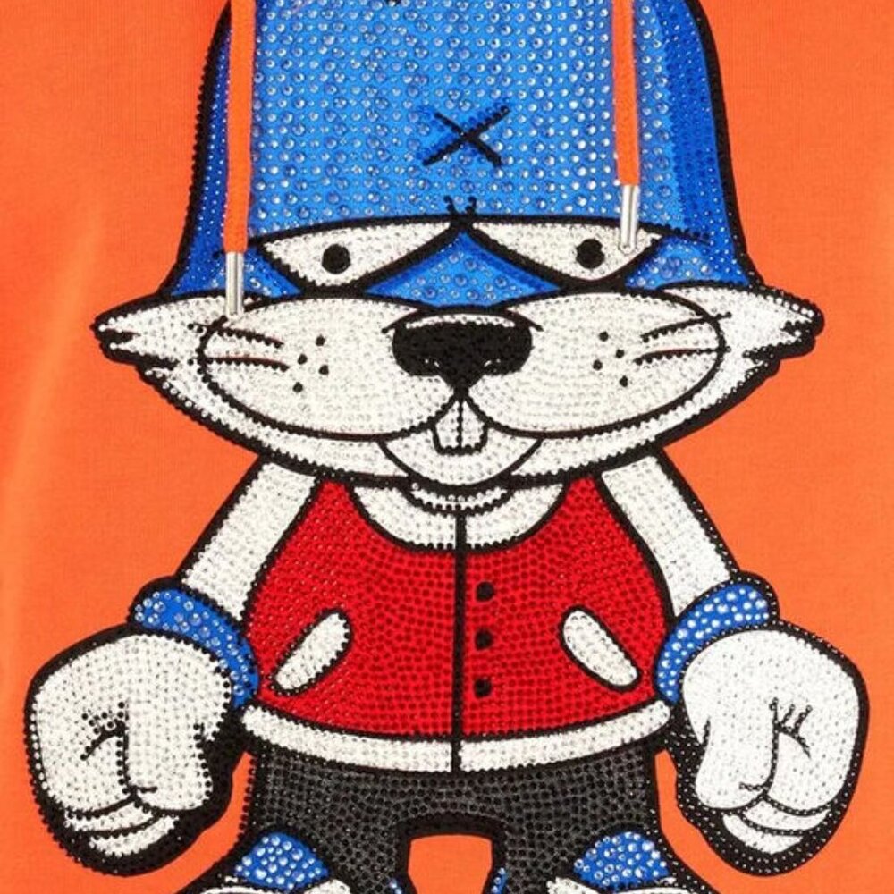 Avenue George V Hoodie Orange Sweatshirt Rhinestone Bunny L 2XL XL NWT - Picture 3 of 5